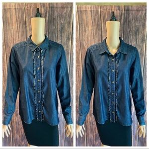 Jones New York size petite medium MP NWT boho ruffle front shirt dark